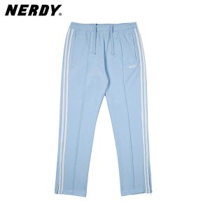 NERDY 太妍同款 拼接字母LOGO 休閒百搭 中性長褲 男女運動褲 淺藍